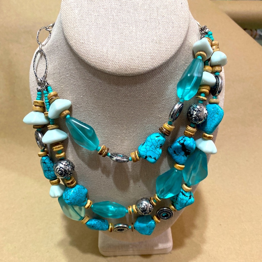 Turquoise gem necklace with coins beads and glass